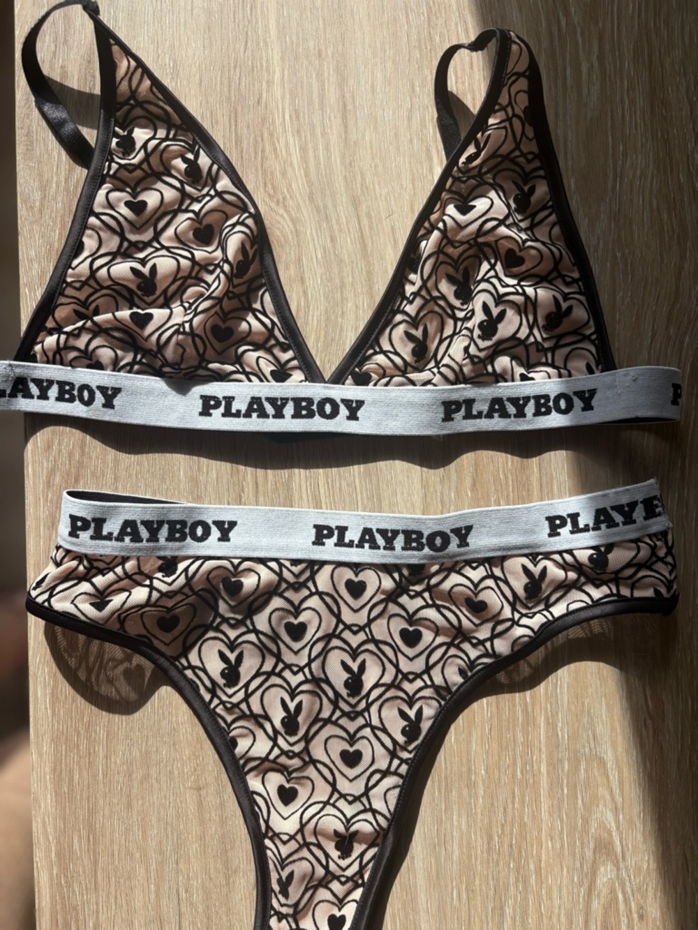Playboy Women's Heart Print Bralette & Thong Set in Nude/Black crushed velvet - Picture 7 of 9